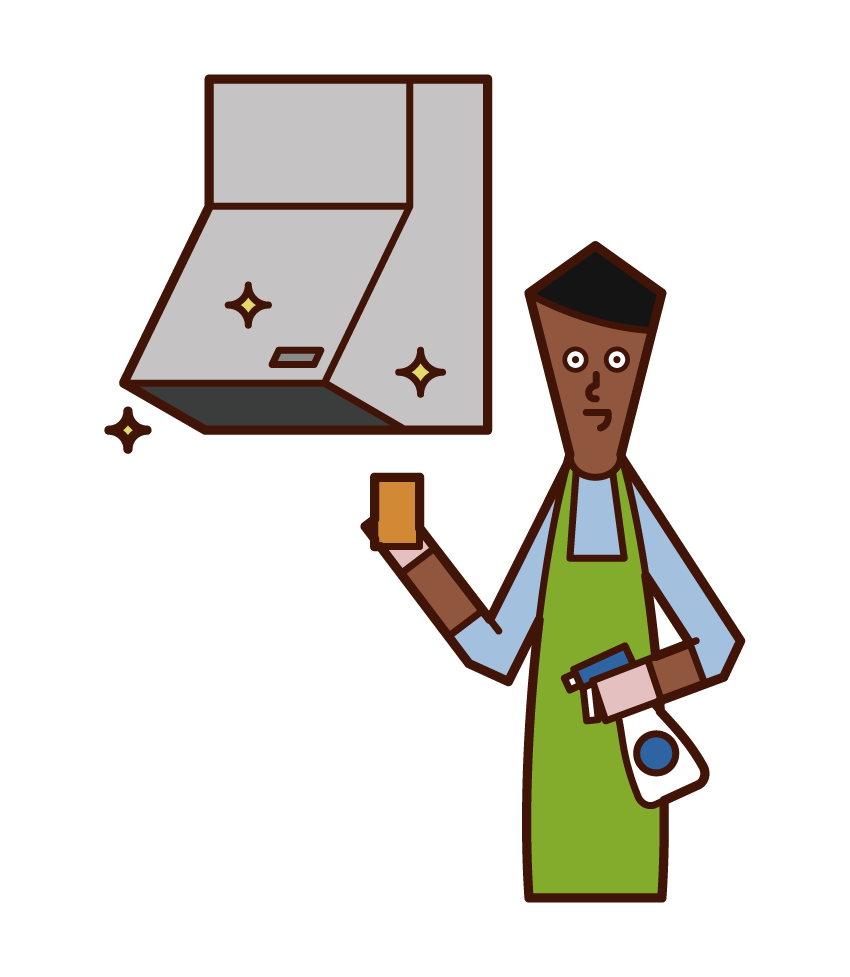 Illustration of a man cleaning a ventilation fan and range hood