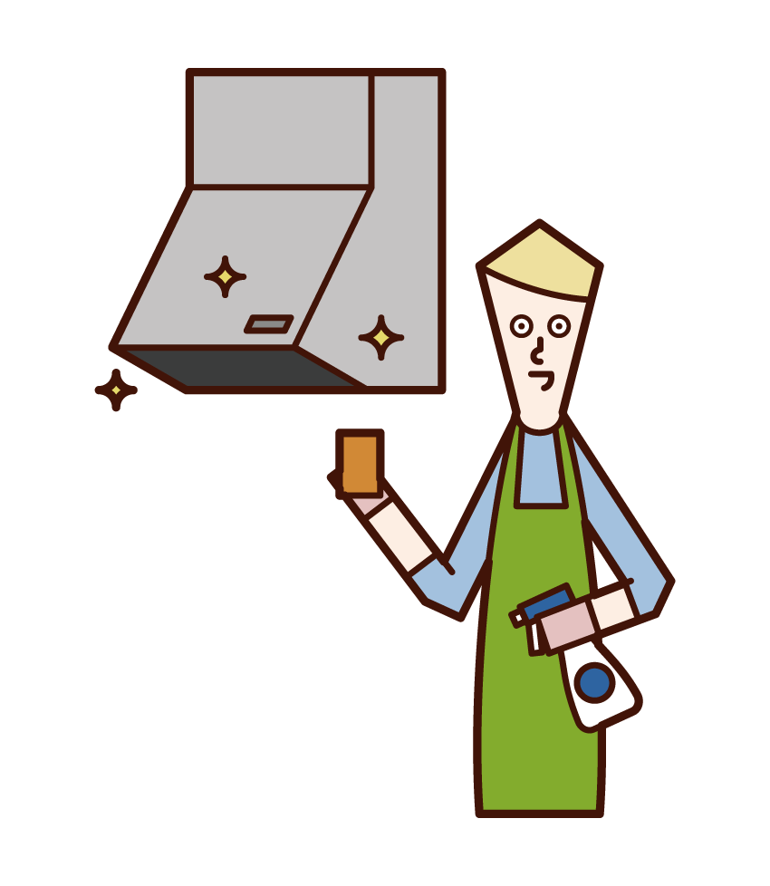 Illustration of a man cleaning a ventilation fan and range hood