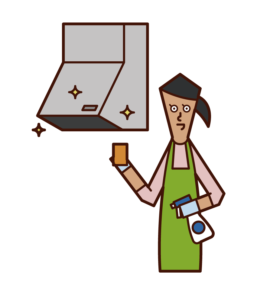 Illustration of a woman cleaning a ventilation fan and range hood