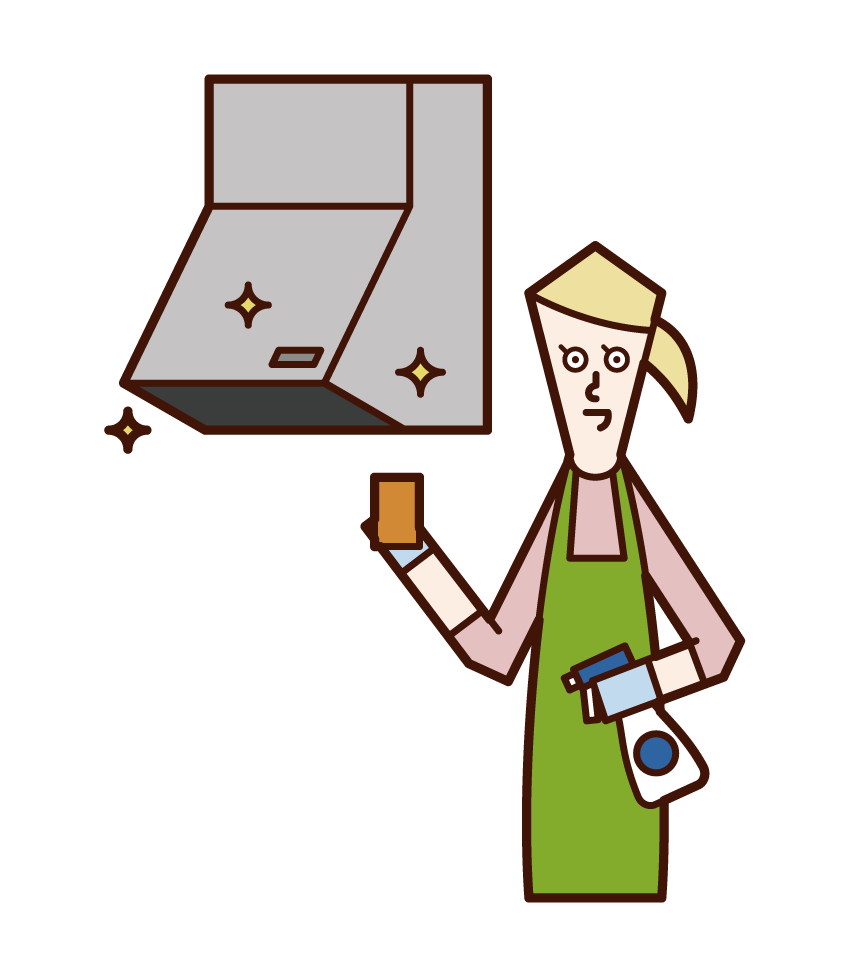 Illustration of a woman cleaning a ventilation fan and range hood