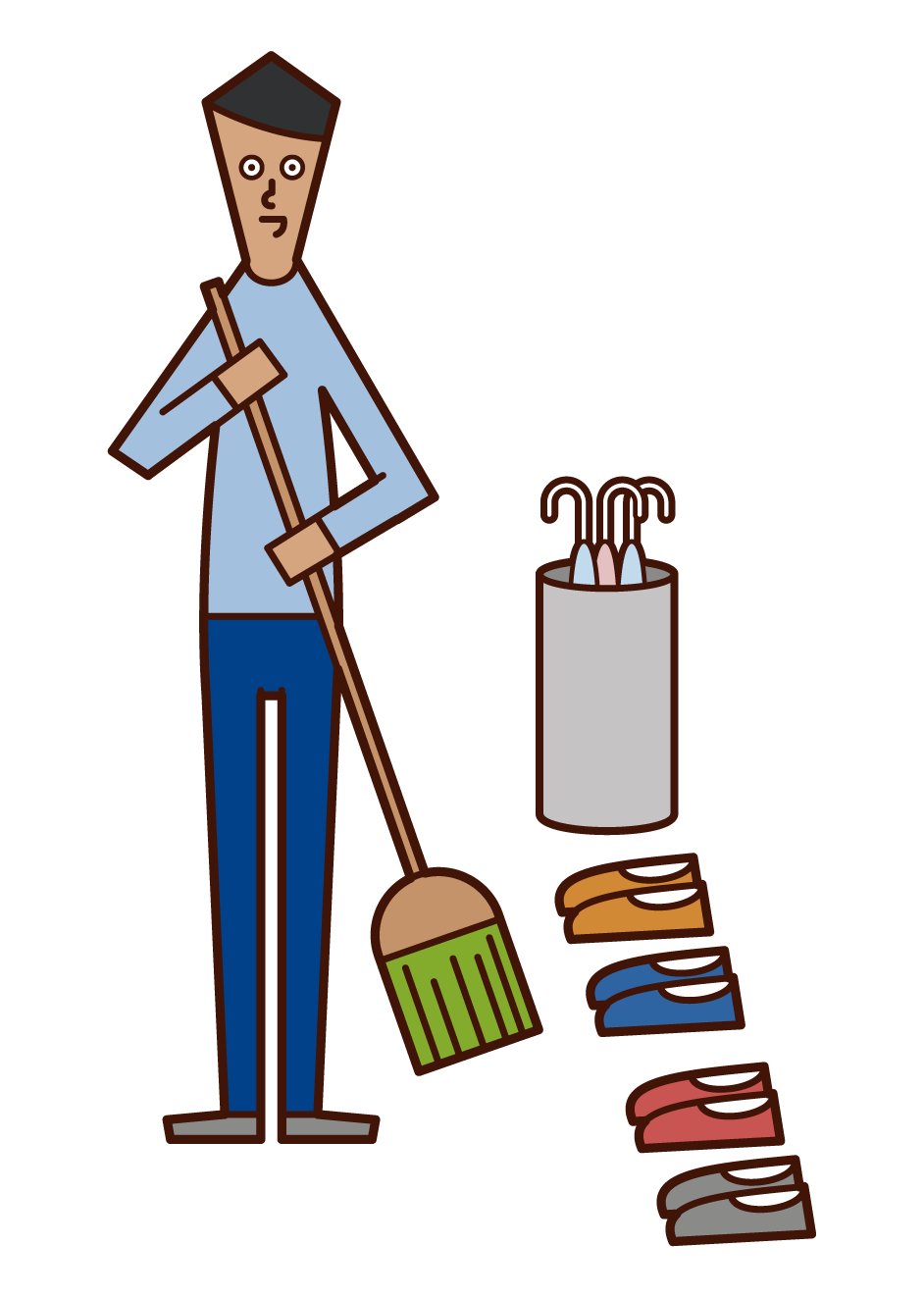 玄関の掃除をする人（男性）のイラスト