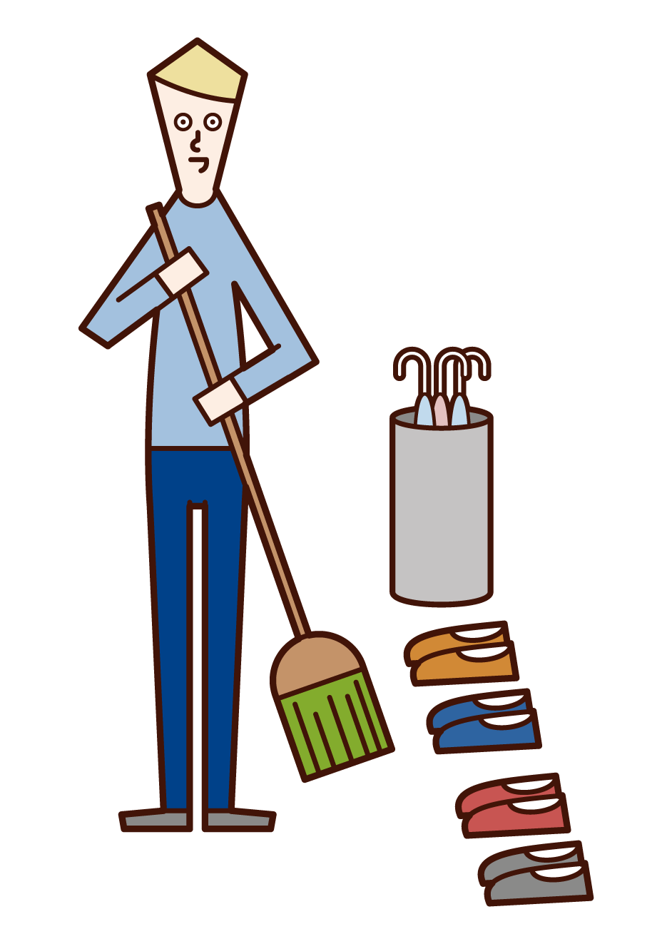玄関の掃除をする人（男性）のイラスト