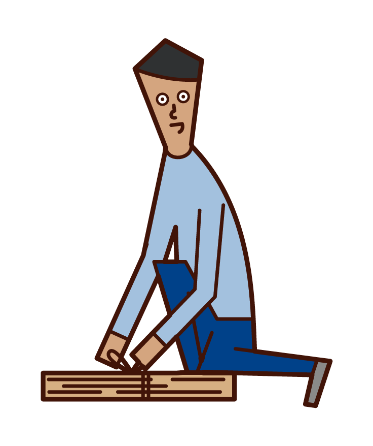 Illustration of a person (man) who wears cardboard and put it out in garbage