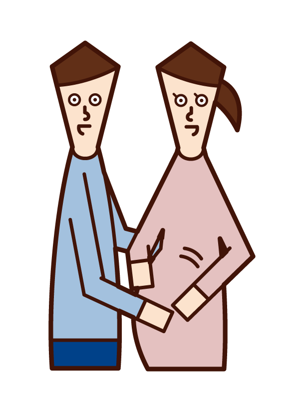 Illustration of husband stomaching pregnant wife