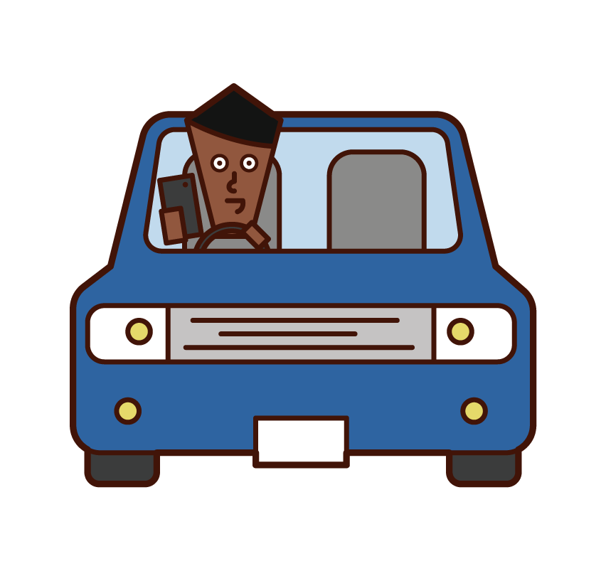Illustration of a person (boy) driving a car while operating a smartphone