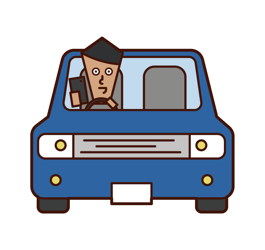 Illustration of a person (boy) driving a car while operating a smartphone