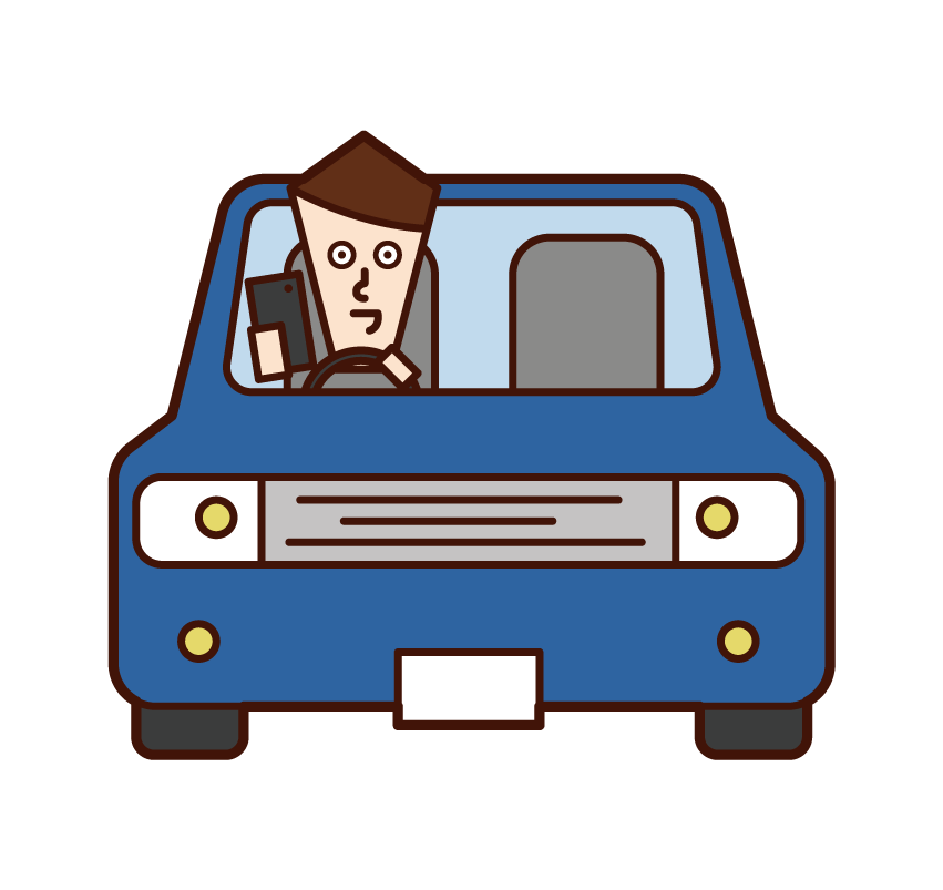 Illustration of a person (boy) driving a car while operating a smartphone