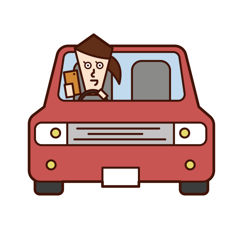 Illustration of a person (girl) driving a car while operating a smartphone