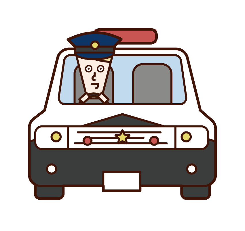 Illustration of police officer (man) driving a police car