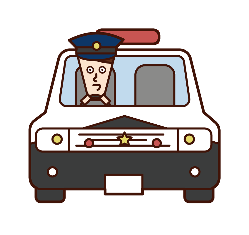 Illustration of police officer (man) driving a police car