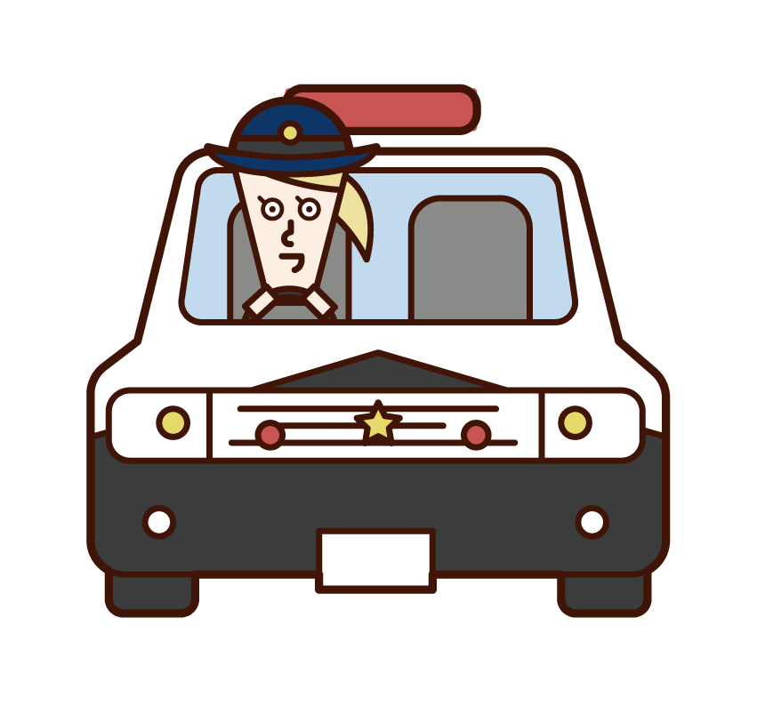 Illustration of police officer (woman) driving a police car