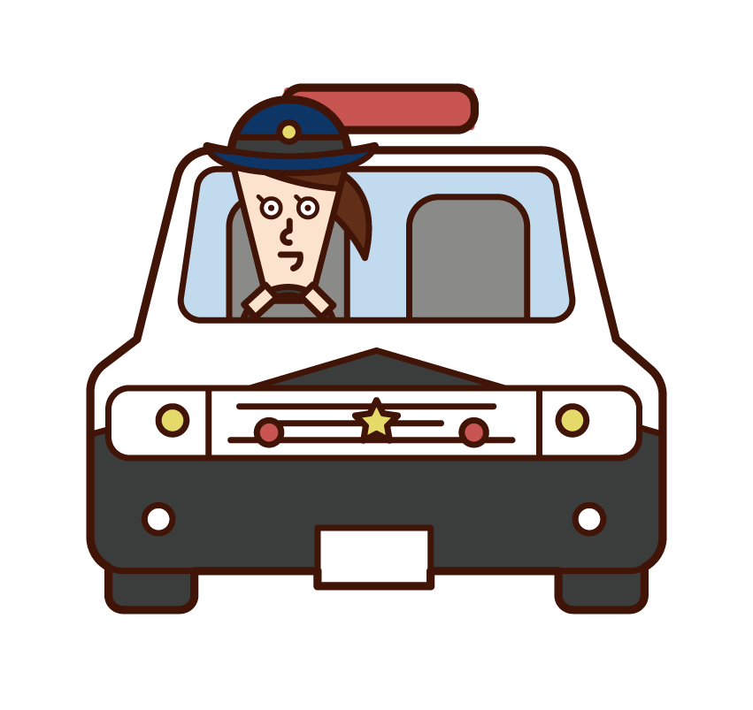 Illustration of police officer (woman) driving a police car