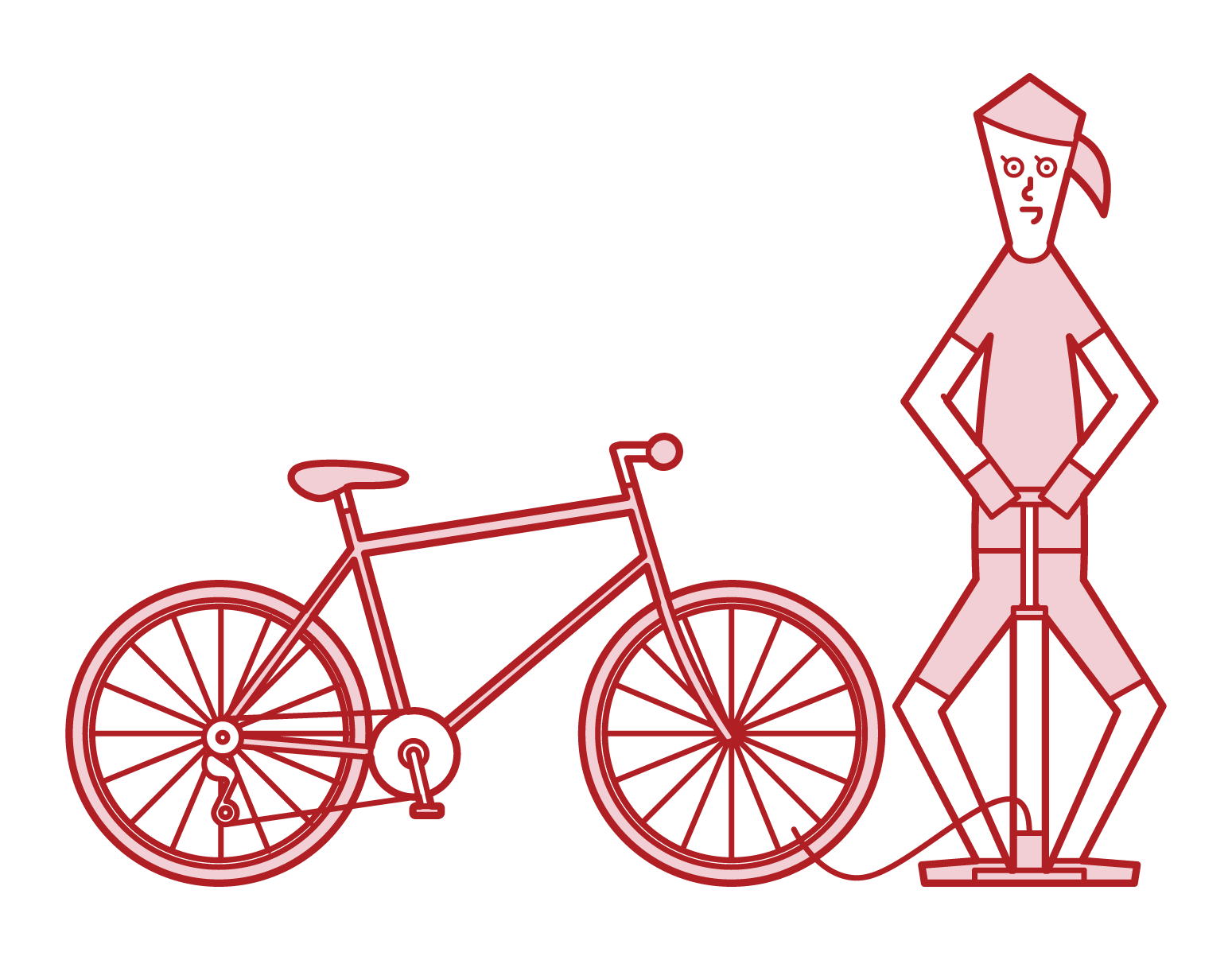 在自行車輪胎上放空氣的人（女性）的插圖