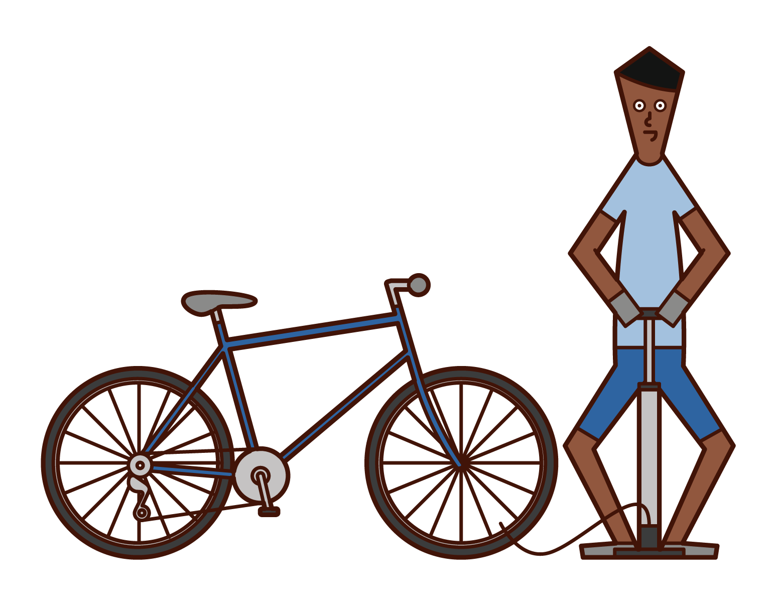 自転車のタイヤに空気を入れる人（男性）のイラスト