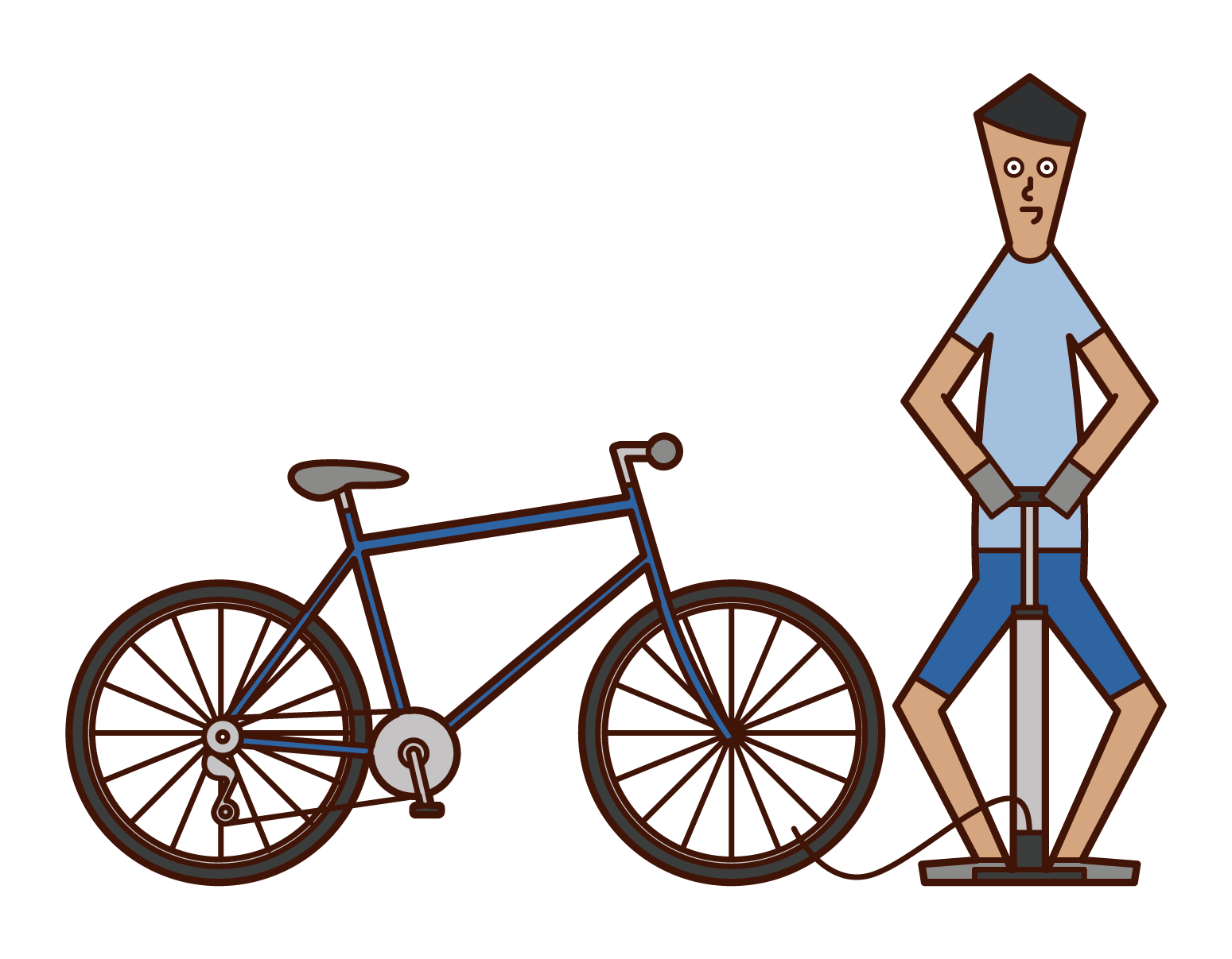 自転車のタイヤに空気を入れる人（男性）のイラスト