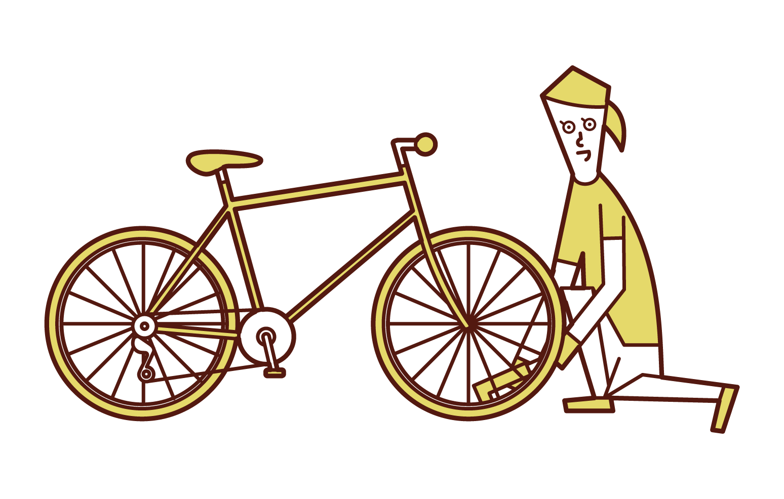 自転車のタイヤに空気を入れる人（女性）のイラスト
