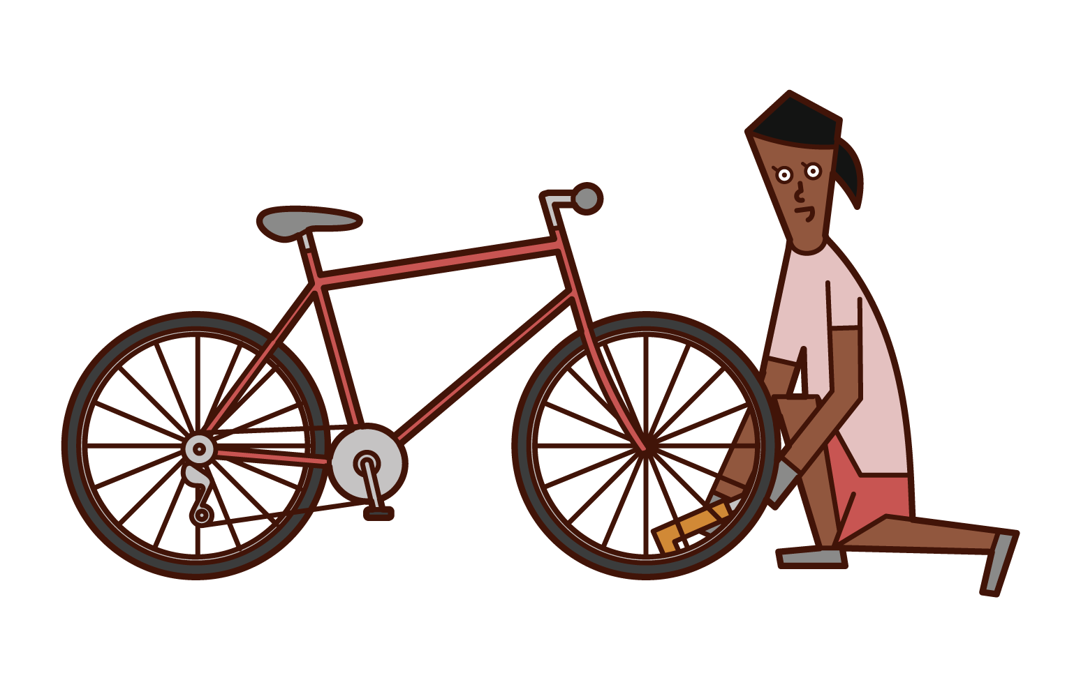 自転車のタイヤに空気を入れる人（女性）のイラスト