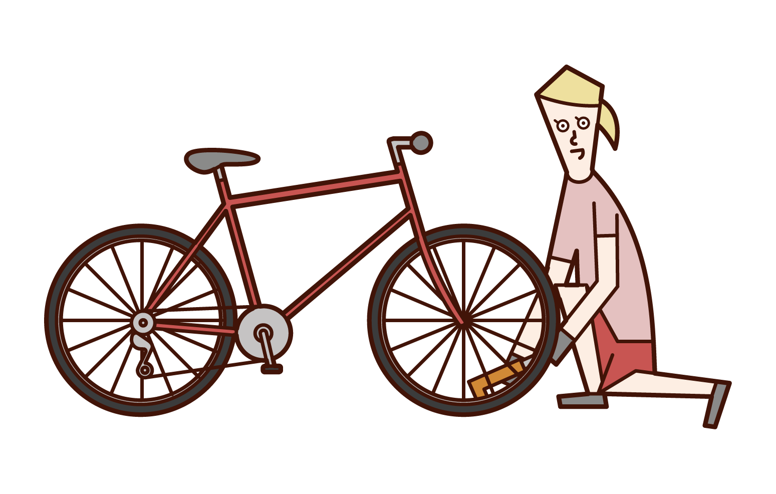 자전거 타이어에 공기를 넣은 사람(여성)의 일러스트