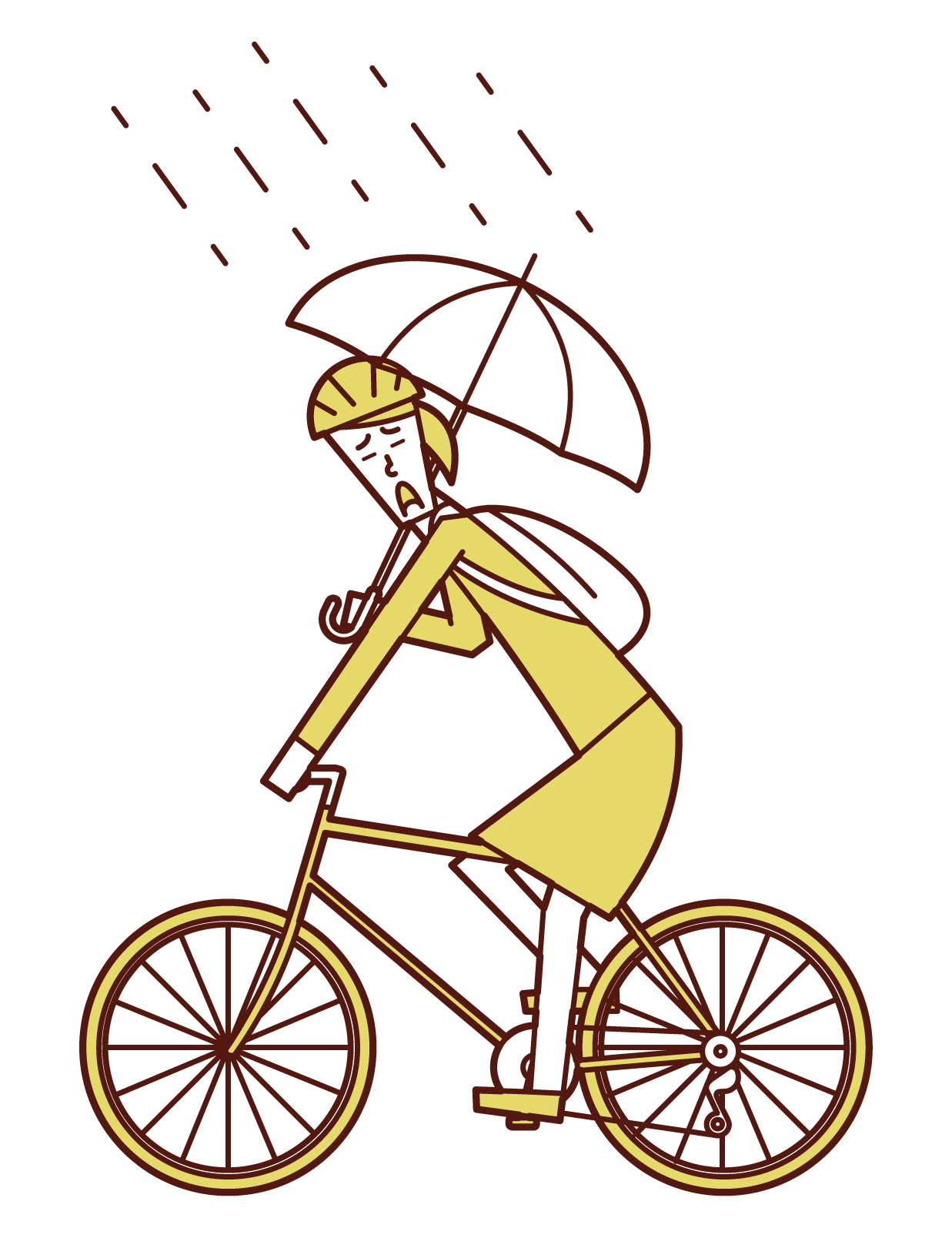 Illustration of a woman driving a bicycle while holding an umbrella