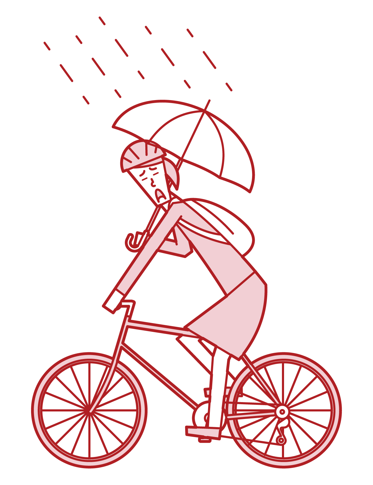 一邊拿著雨傘一邊騎自行車的人（女性）的插圖