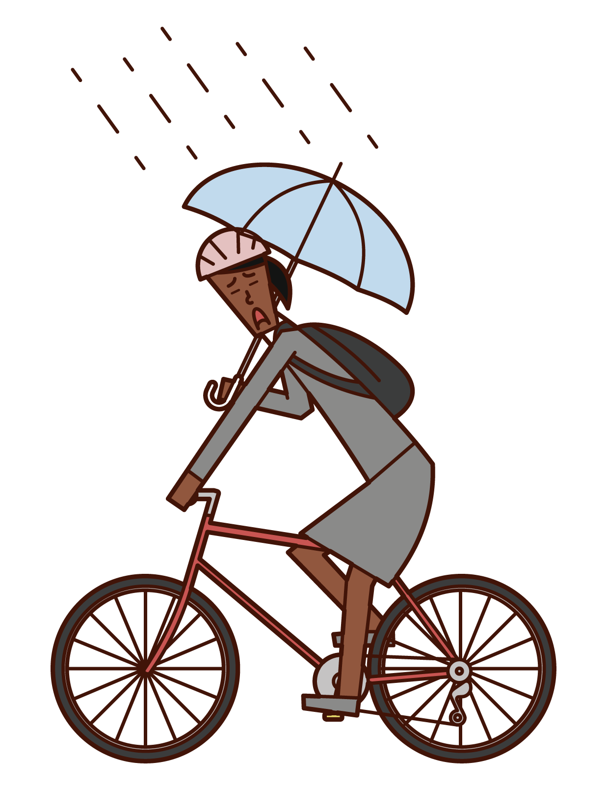 傘をさしながら自転車を運転する人（女性）のイラスト