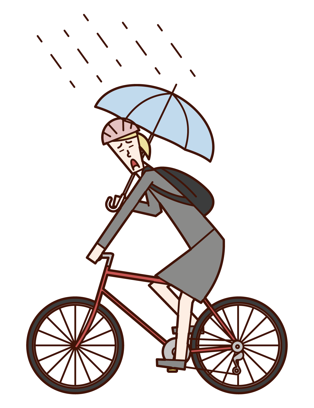 우산을 들고 자전거를 타는 사람(여성)의 일러스트