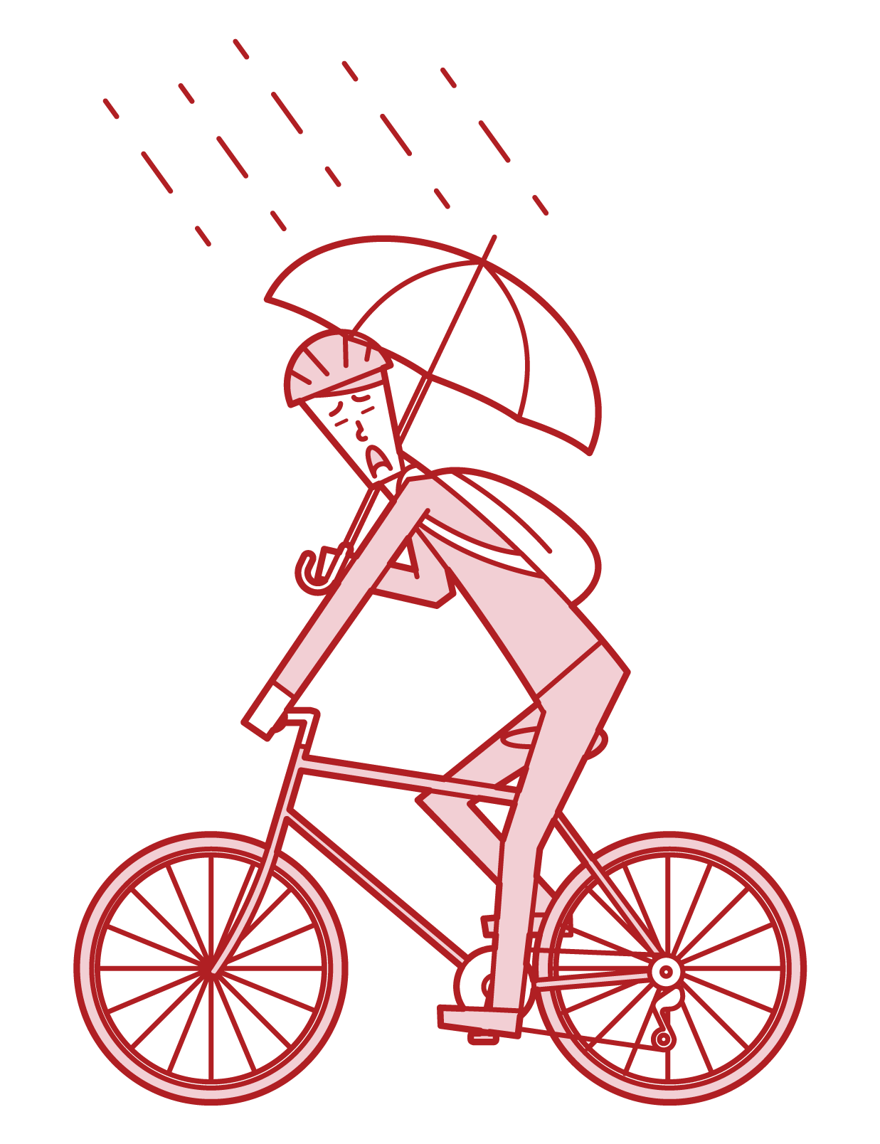 傘をさしながら自転車を運転する人（男性）のイラスト