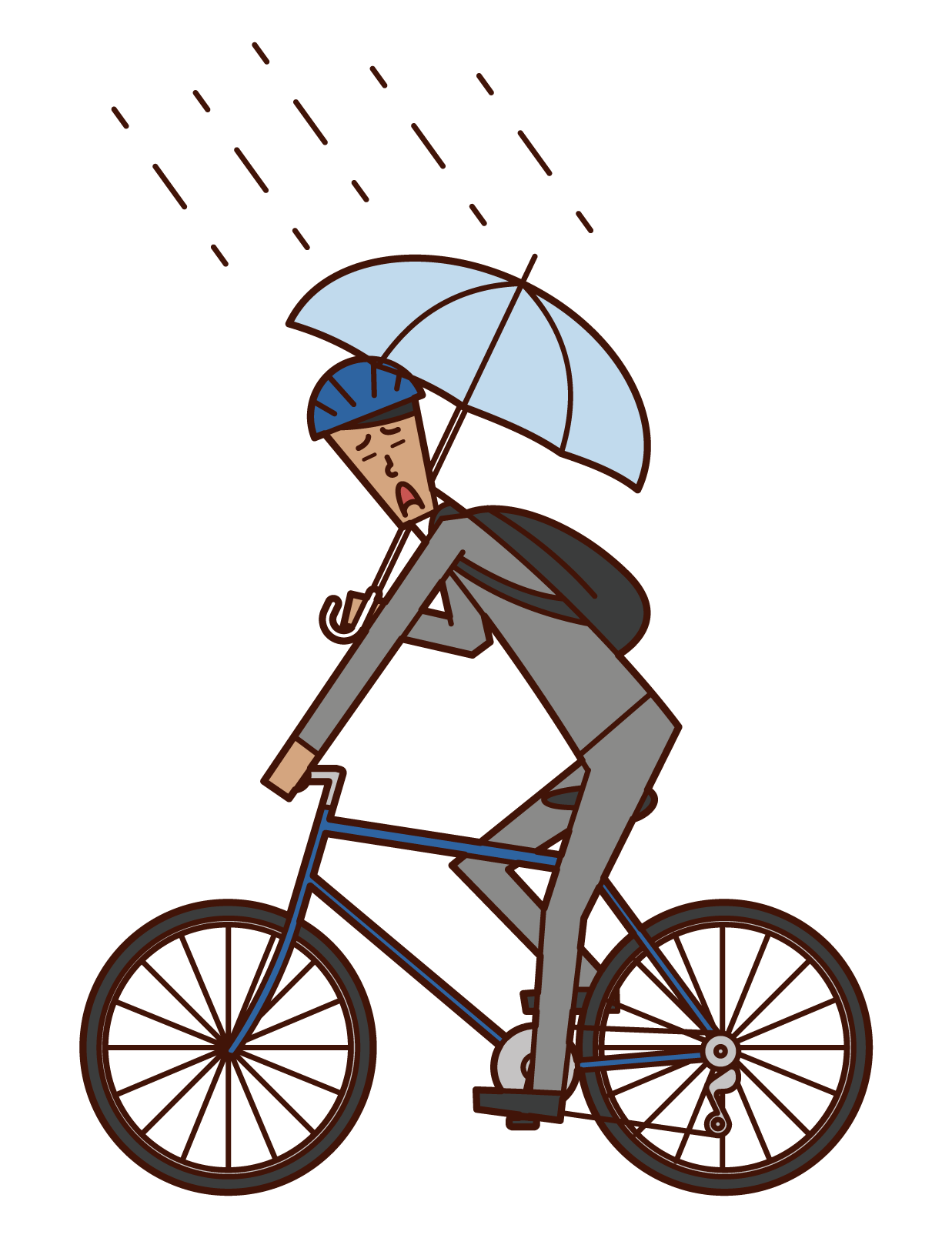 一個人（男性）在拿著雨傘時騎自行車的插圖