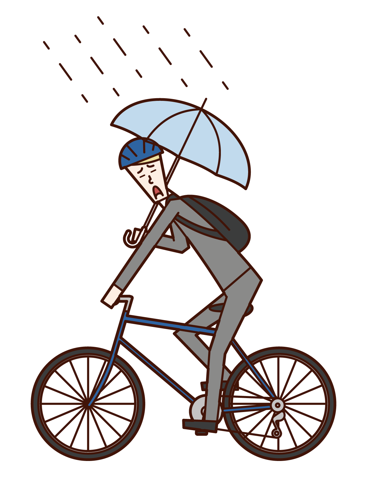 Illustration of a man driving a bicycle while holding an umbrella