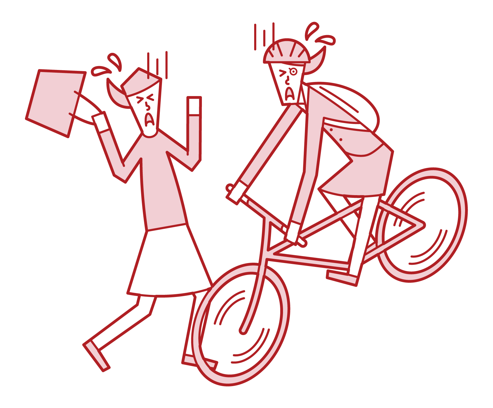 自転車で追突事故を起こす人（女性）のイラスト
