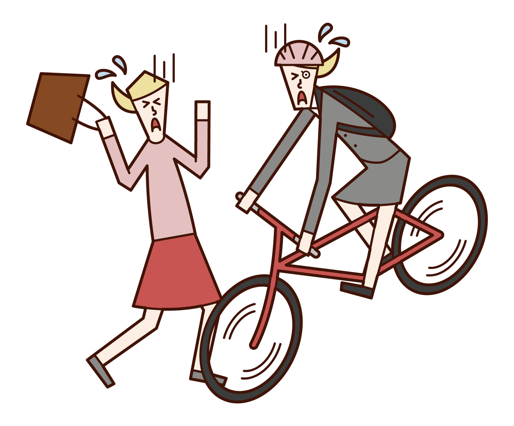 自転車で追突事故を起こす人（女性）のイラスト