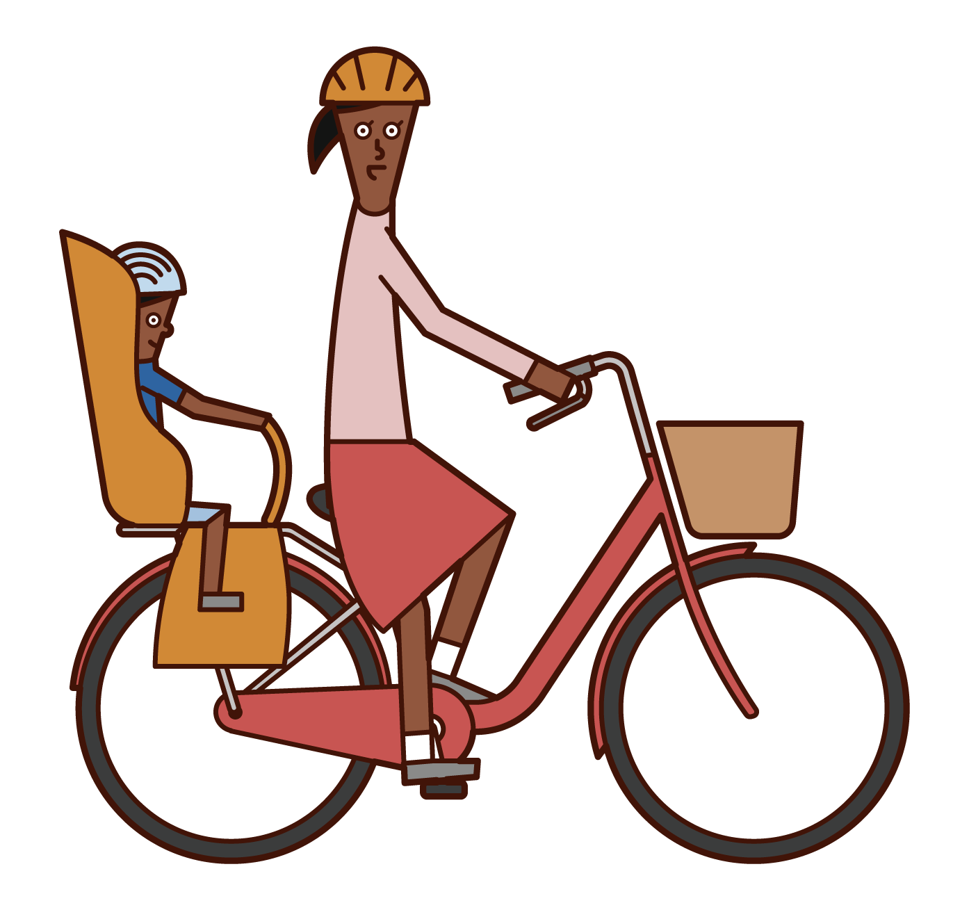 Illustration of a woman running with a child on a bicycle