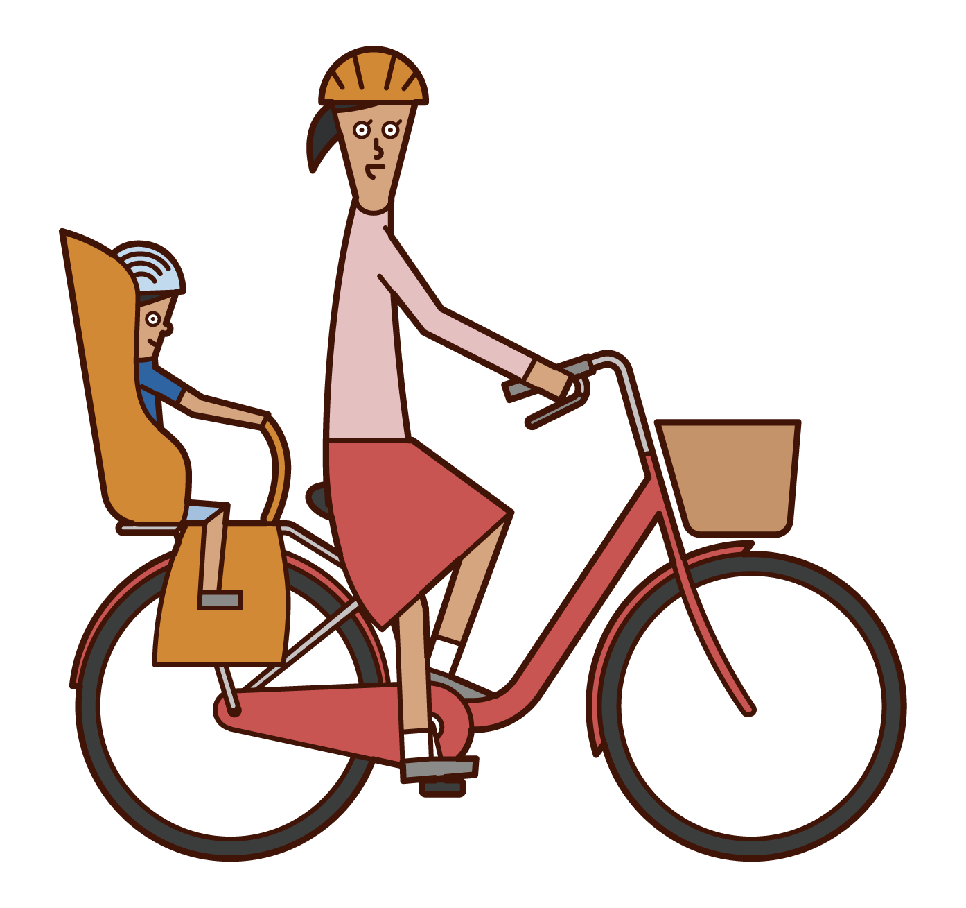 自転車に子供を乗せて走る人（女性）のイラスト