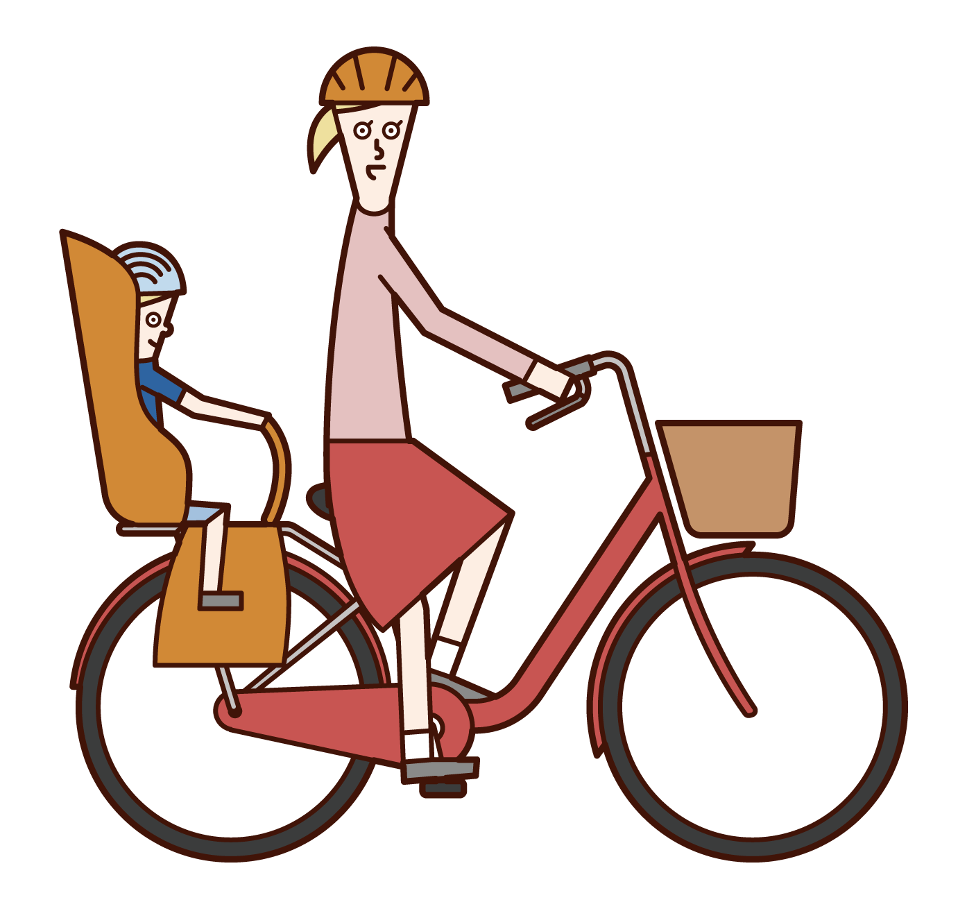 自転車に子供を乗せて走る人（女性）のイラスト