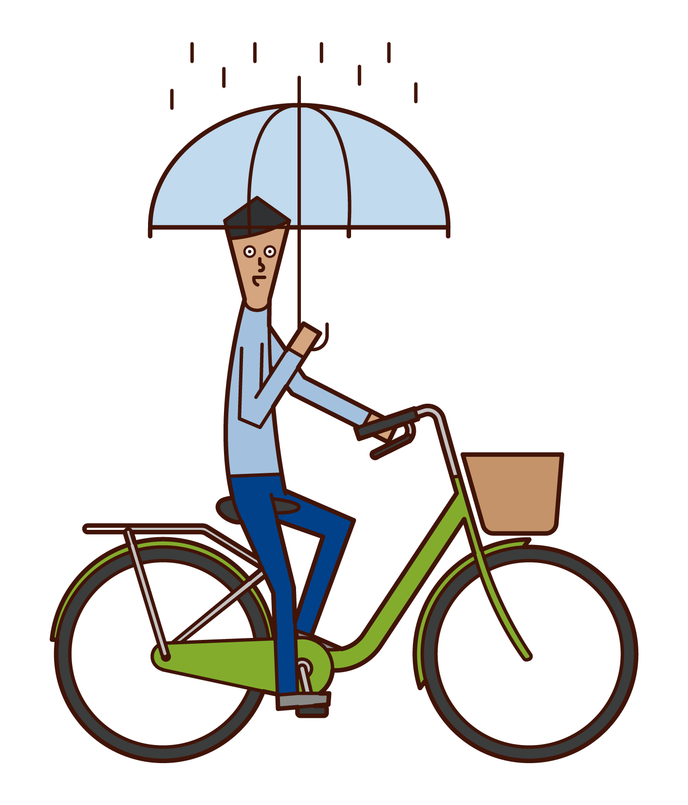 傘をさしながら自転車を運転する人（男性）のイラスト