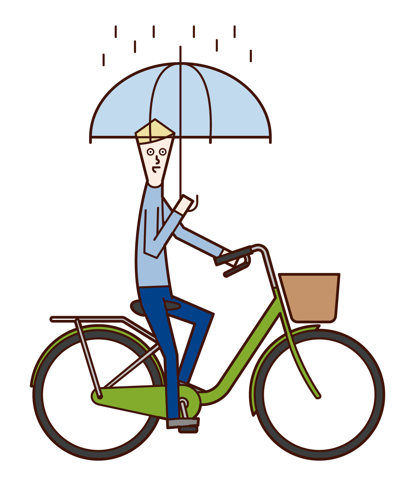 Illustration of a man driving a bicycle while holding an umbrella