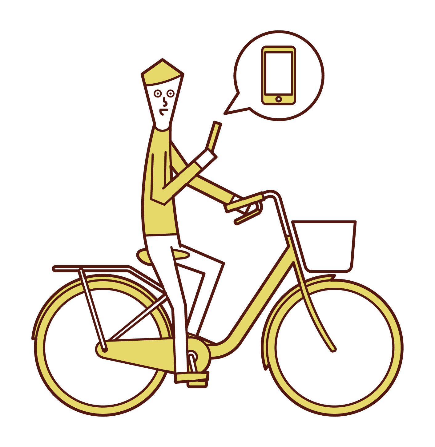 使用智慧手機駕駛自行車的人（男性）的插圖