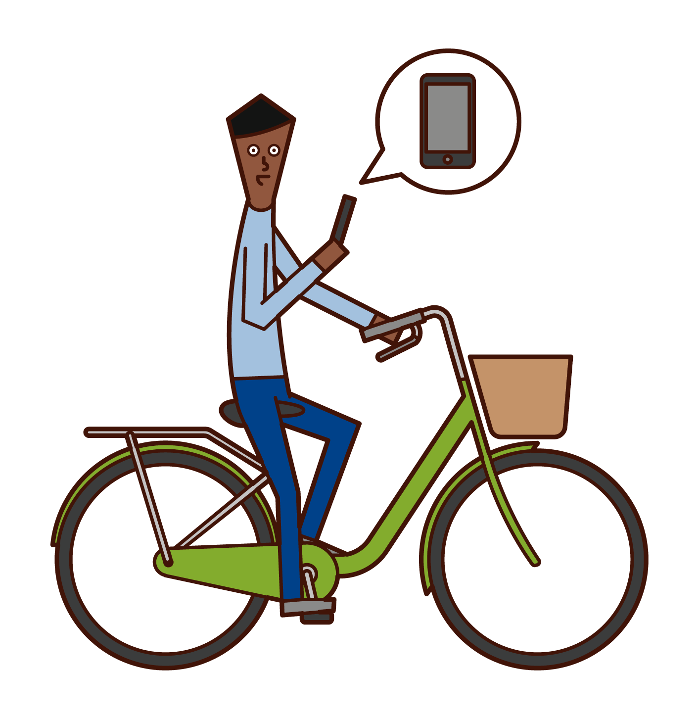 スマートフォンを使いながら自転車を運転する人（男性）のイラスト