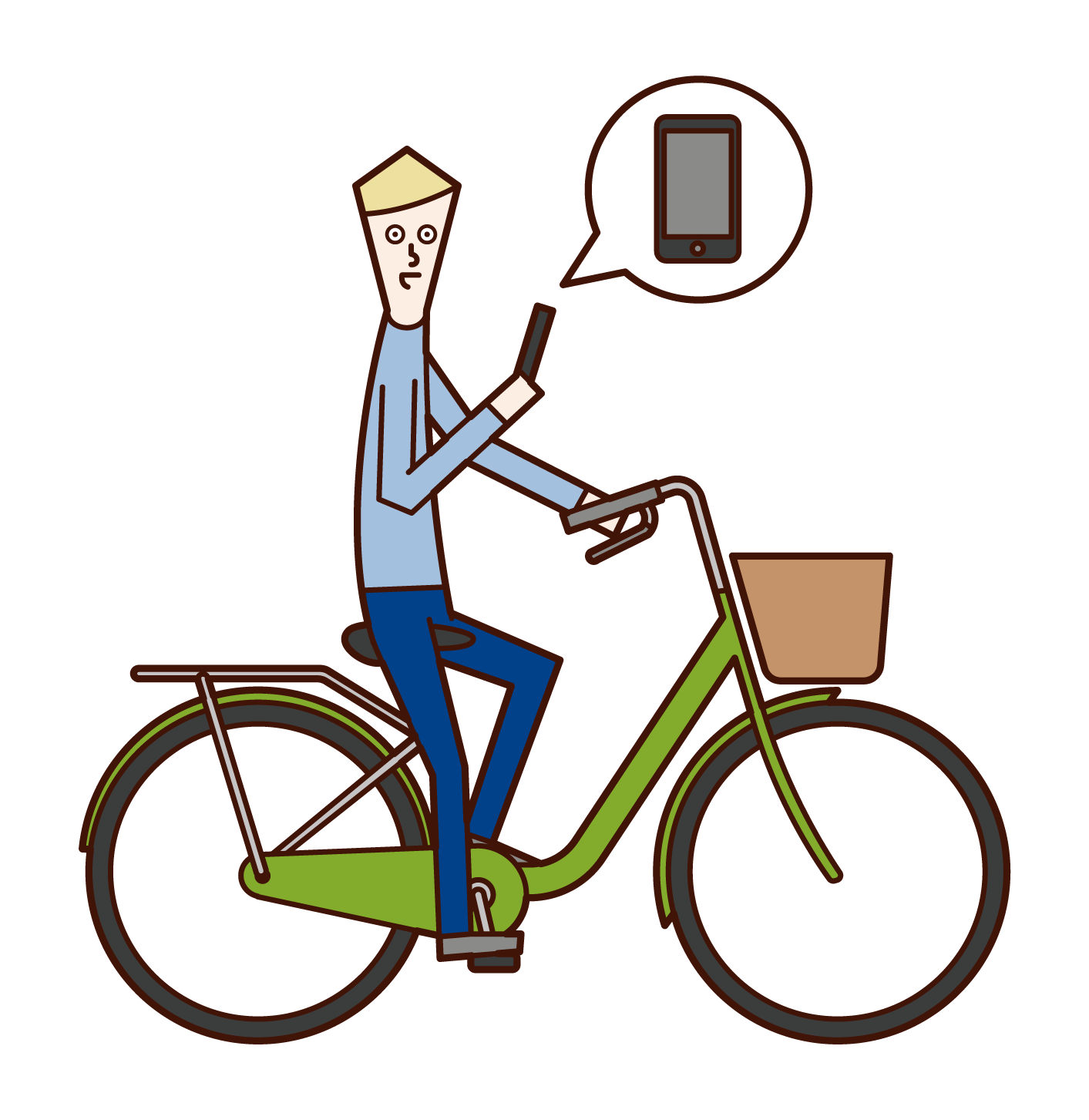 스마트폰을 사용하여 자전거를 운전하는 사람(남성)의 일러스트