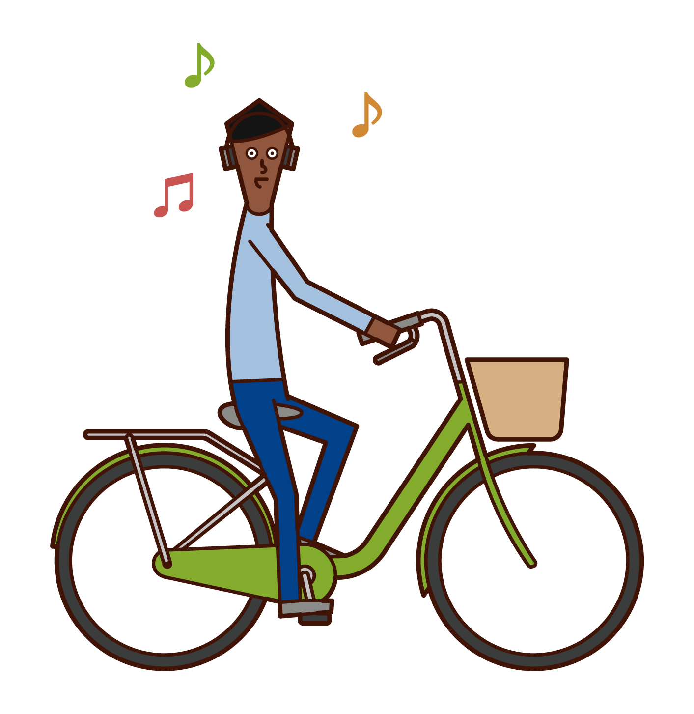 Illustration of a man driving a bicycle while listening to music with headphones