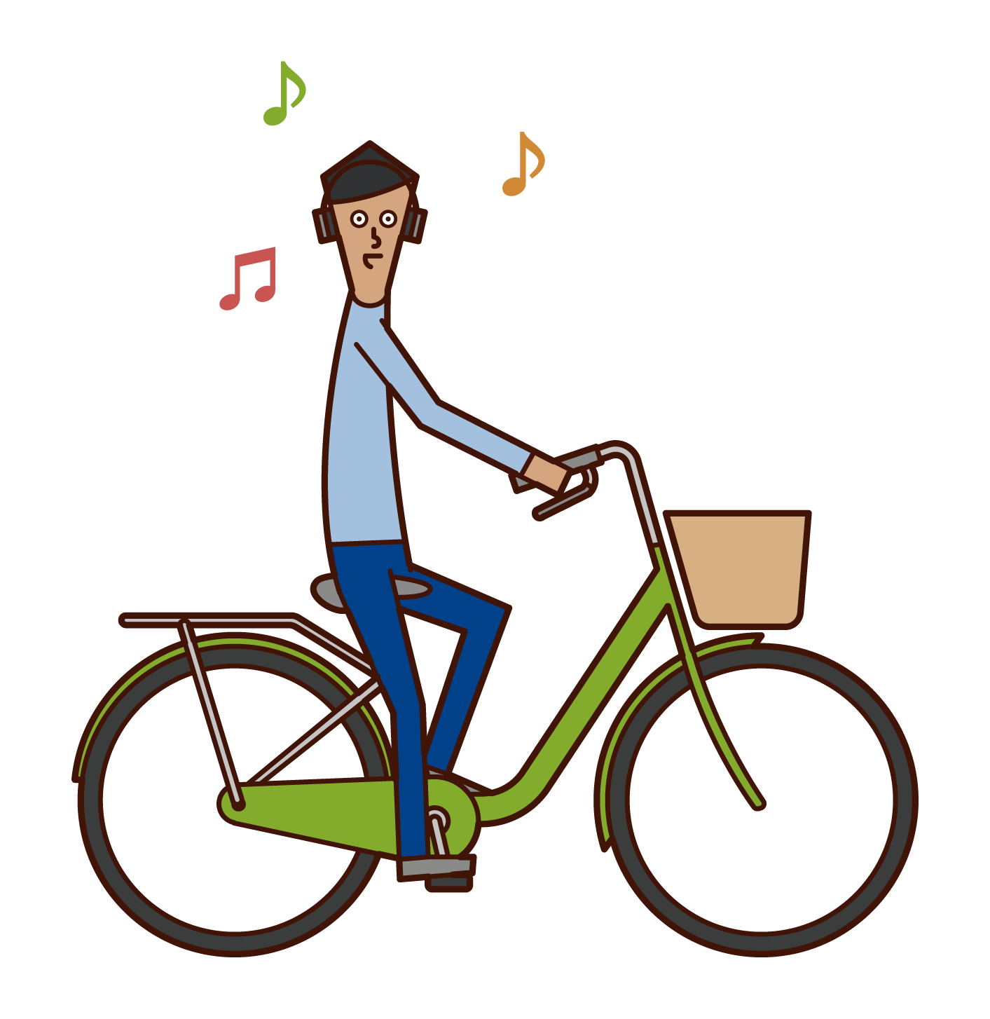 用耳機聽音樂時駕駛自行車的人（男性）的插圖