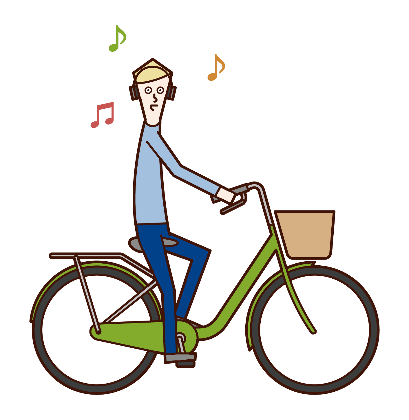 ヘッドフォンで音楽を聴きながら自転車を運転する人（男性）のイラスト