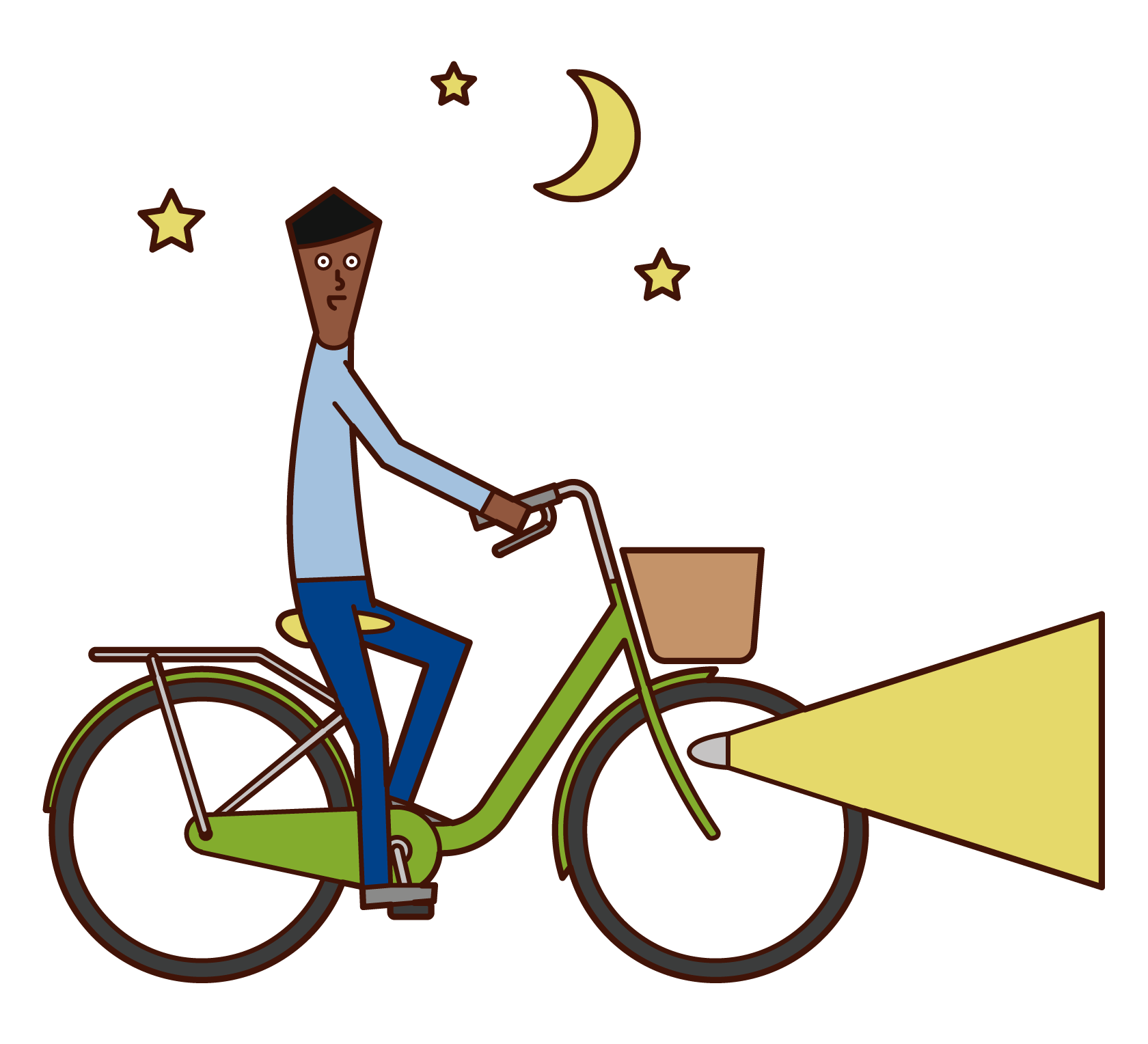 Illustration of a man driving a bicycle on a light at night
