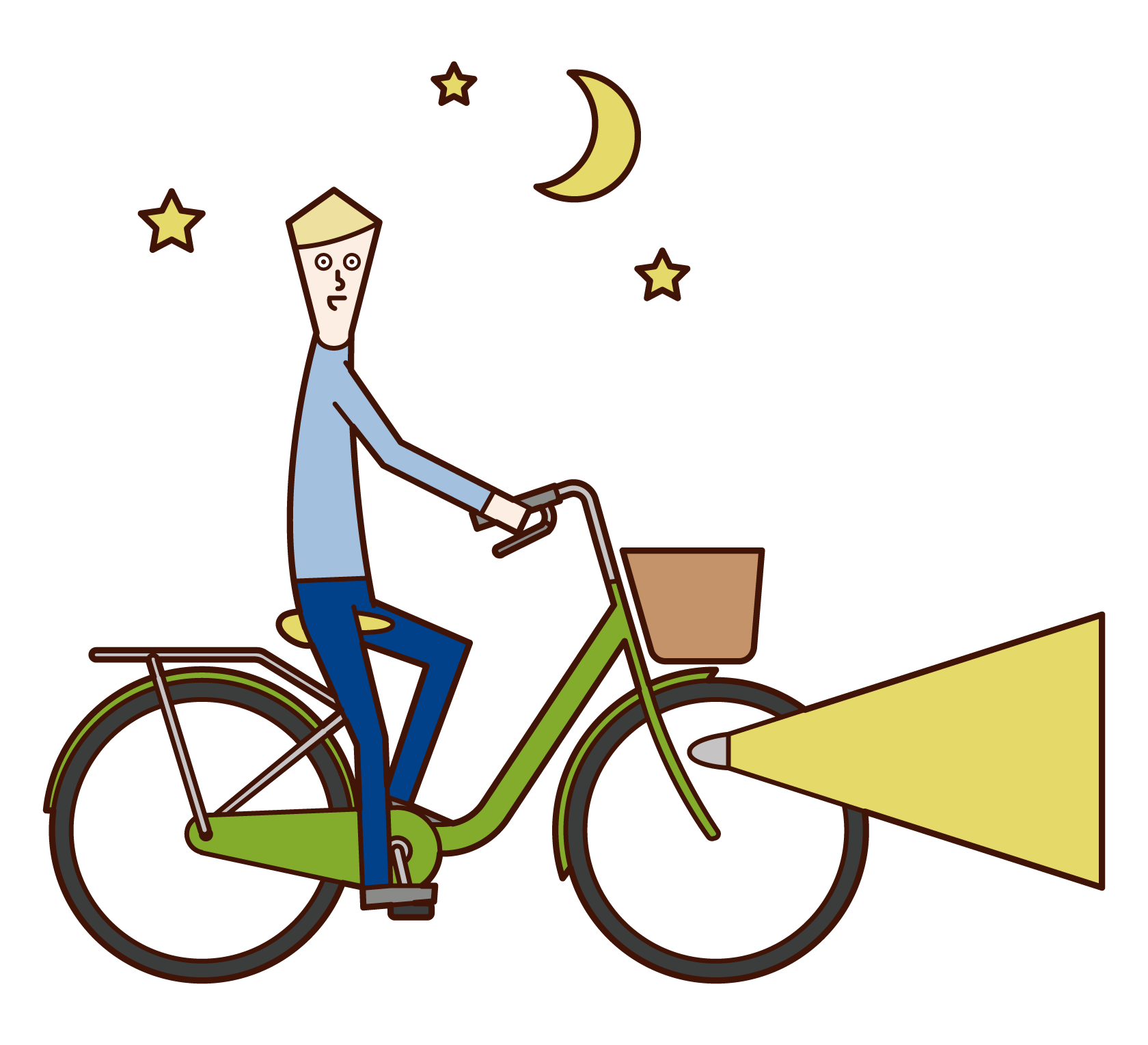 Illustration of a man driving a bicycle on a light at night