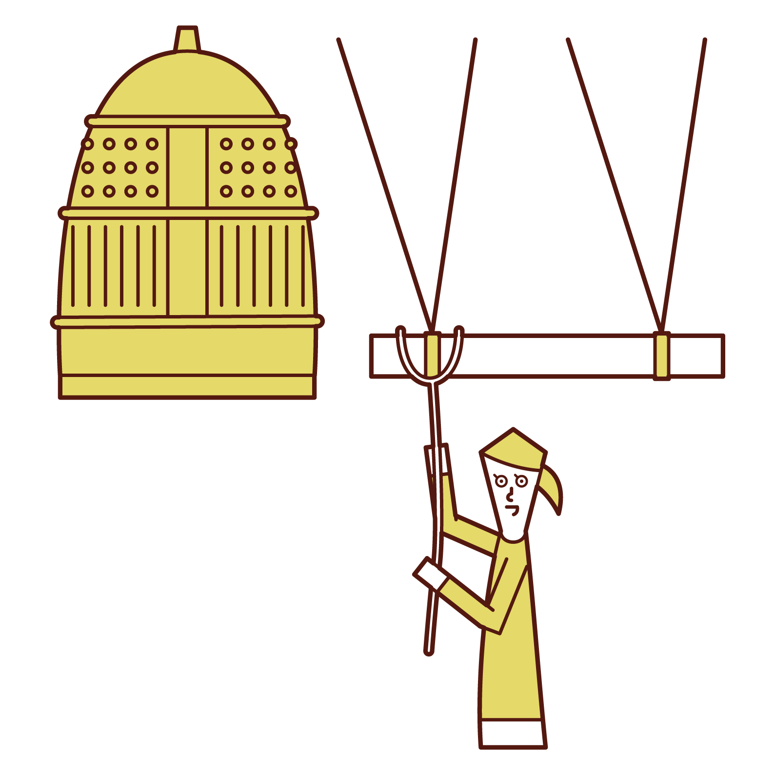 お寺の鐘を鳴らす人（女性）のイラスト