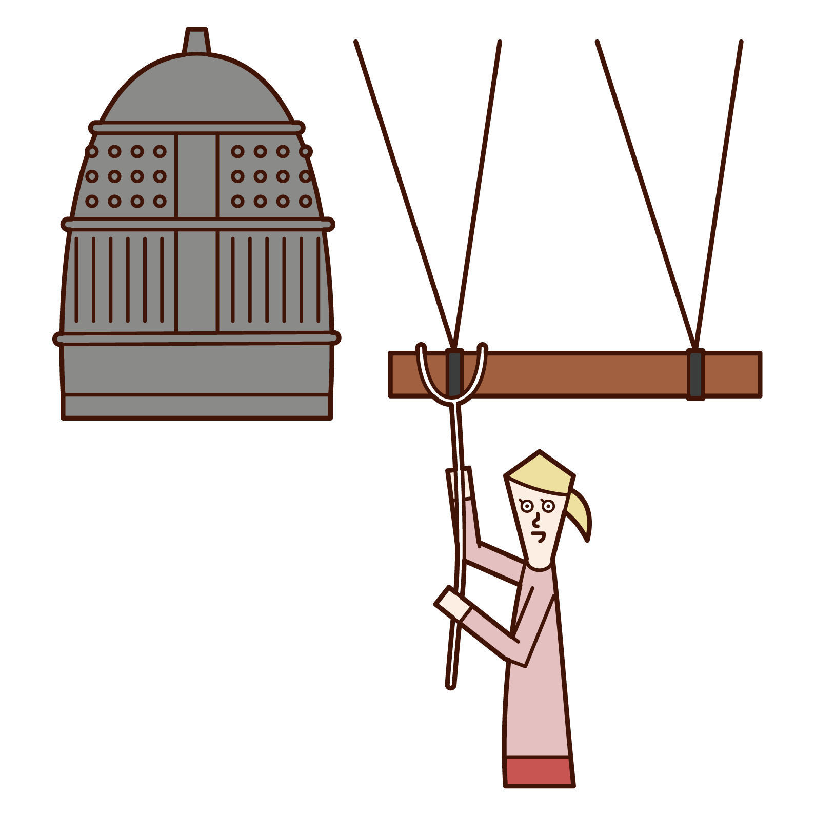 お寺の鐘を鳴らす人（女性）のイラスト