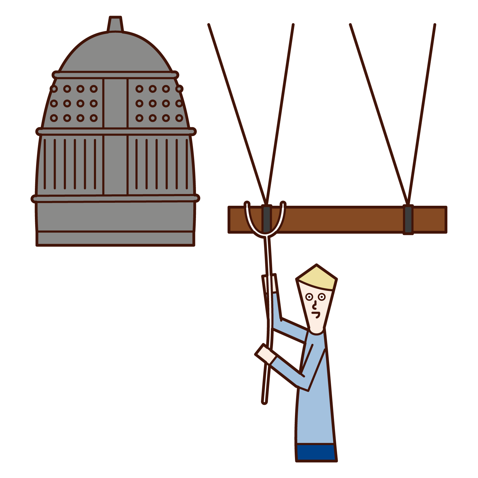 Illustration of a man ringing a temple bell