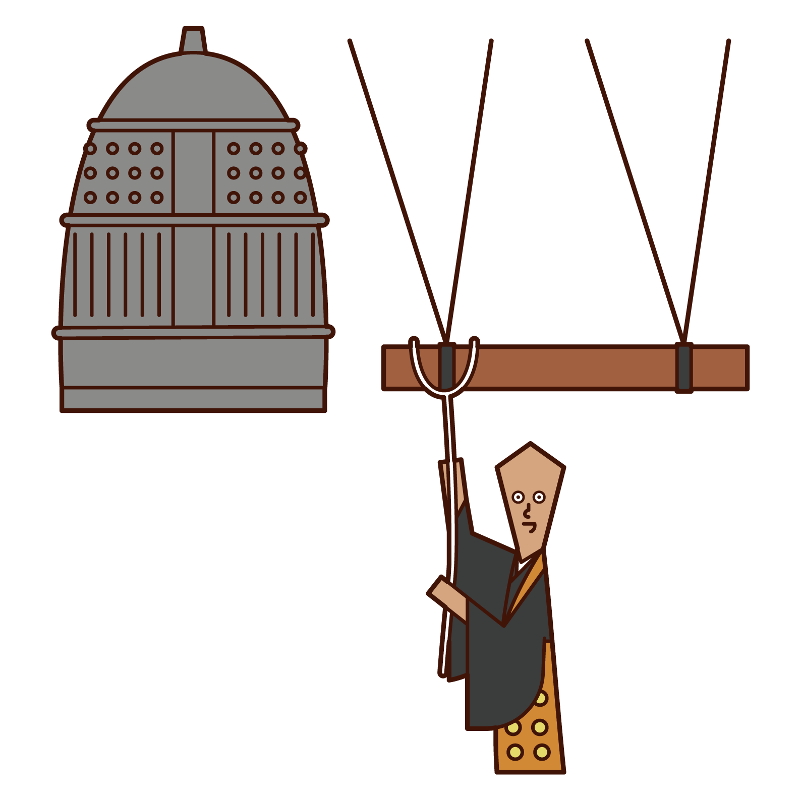 僧侶敲響寺廟鐘聲的插圖