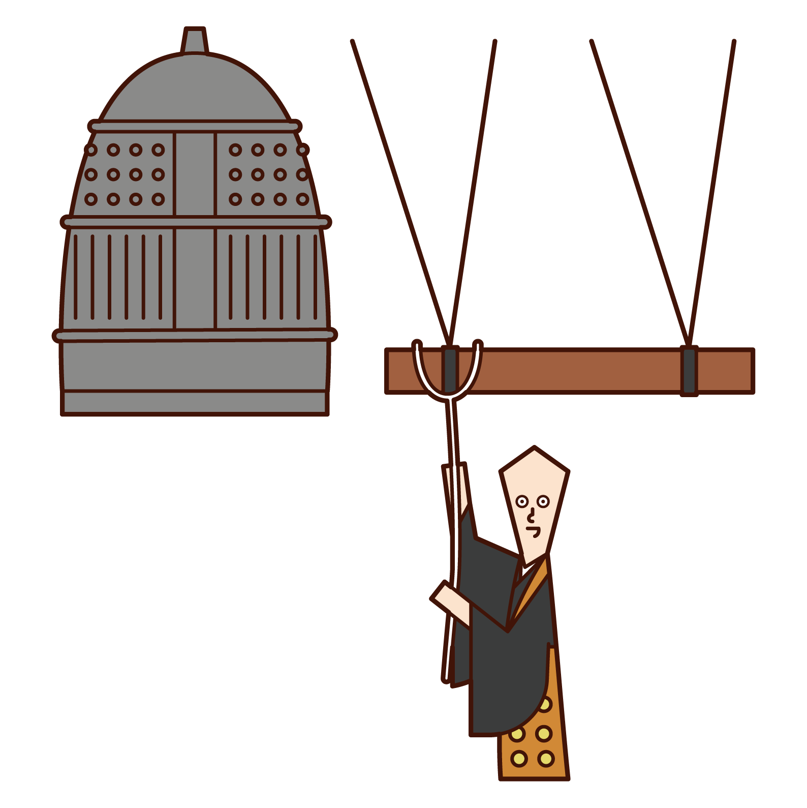 僧侶敲響寺廟鐘聲的插圖