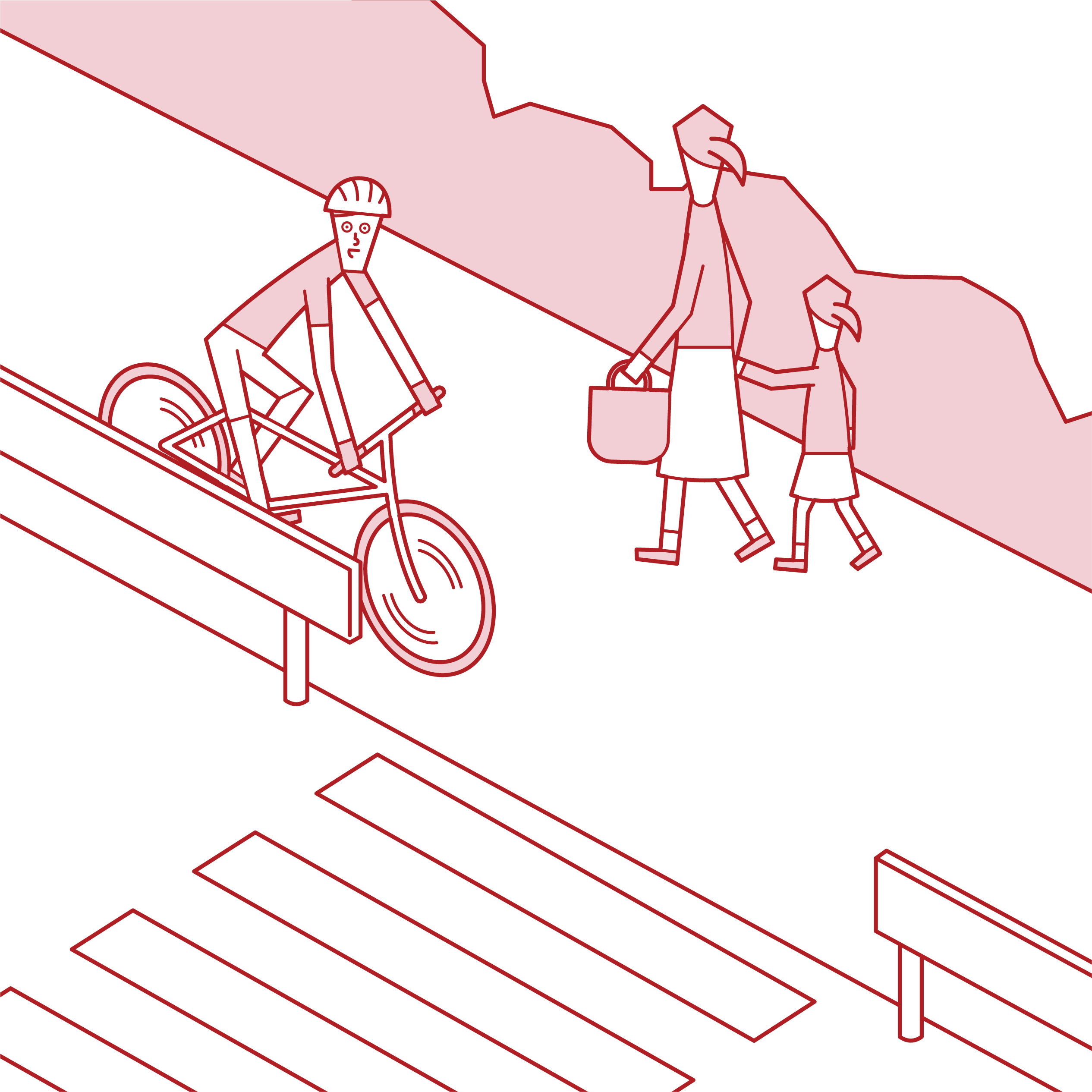 騎自行車的人（男性）在人行道上優先考慮行人
